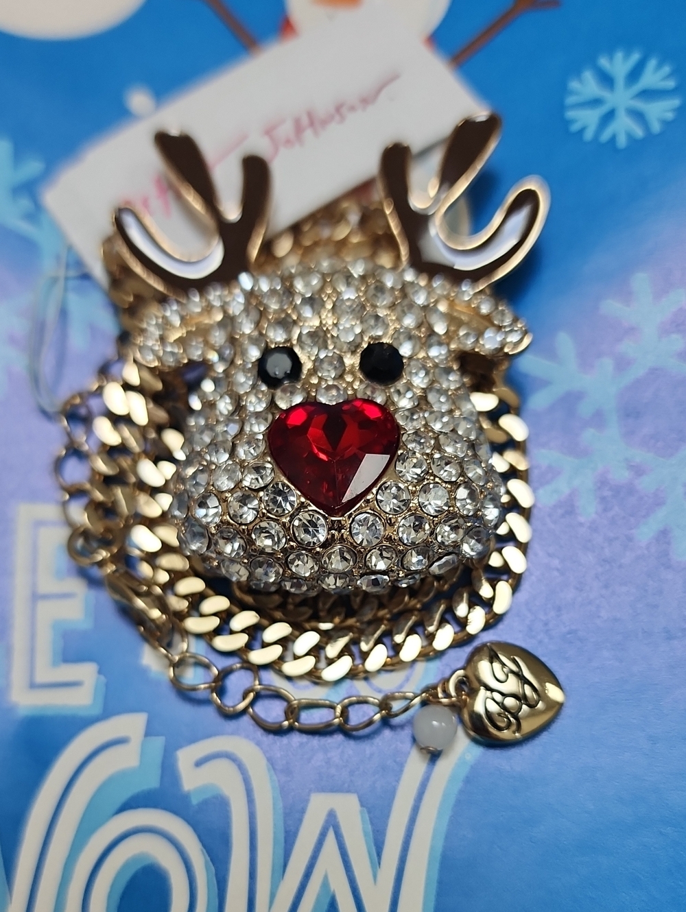 Betsey Johnson Crystal Reindeer Pendant Necklace with Red Heart Nose